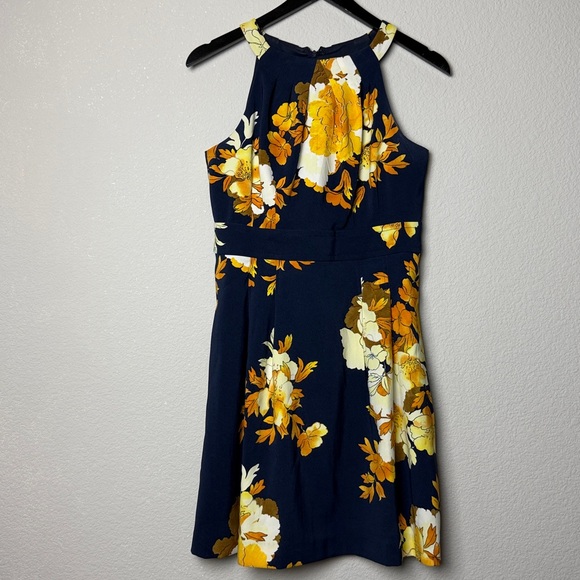 DB Floral Halter Fit and Flare Dress in Navy and Yellow with Pockets - Picture 1 of 5